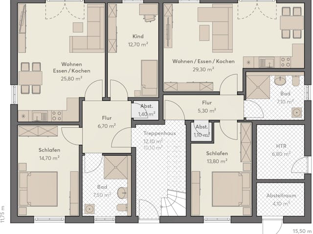 Massivhaus Haus Hönow (6 WE) von ROTH MASSIVHAUS Schlüsselfertig ab 1629000€, Cubushaus Grundriss 1
