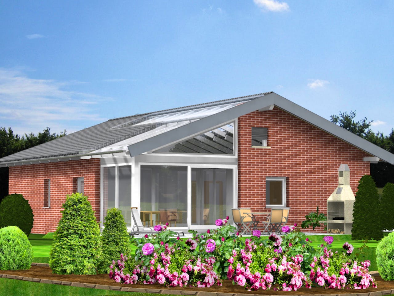 Fertighaus Planungsbeispiel 106H10 von Bio-Solar-Haus Schlüsselfertig ab 331950€, Bungalow Außenansicht 1