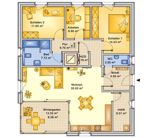Fertighaus Planungsbeispiel 106H10 von Bio-Solar-Haus Schlüsselfertig ab 331950€, Bungalow Grundriss 1