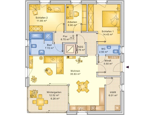 Fertighaus Planungsbeispiel 106H10 von Bio-Solar-Haus Schlüsselfertig ab 331950€, Bungalow Grundriss 1