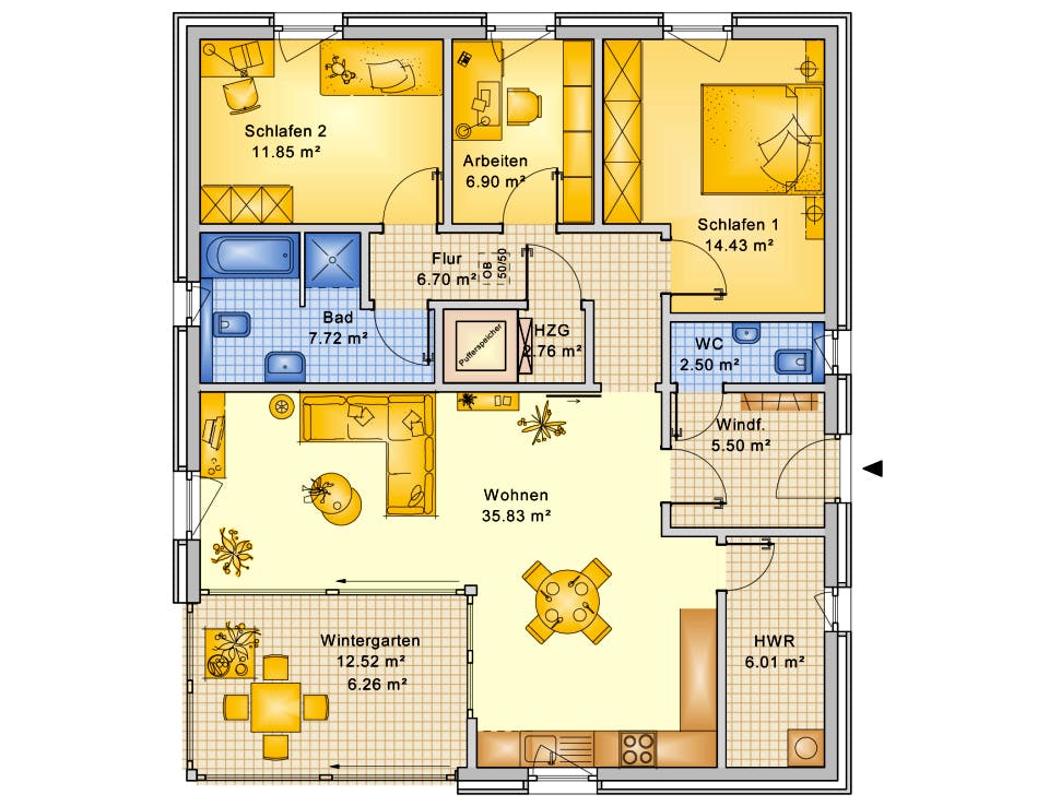 Fertighaus Planungsbeispiel 106H10 von Bio-Solar-Haus Schlüsselfertig ab 331950€, Bungalow Grundriss 1
