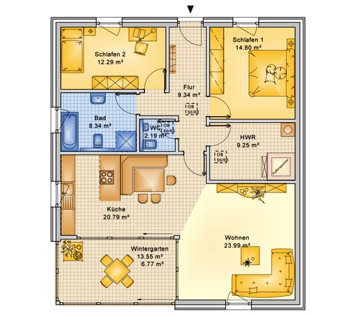 Fertighaus Planungsbeispiel 108H10 von Bio-Solar-Haus Schlüsselfertig ab 314627€, Bungalow Grundriss 1