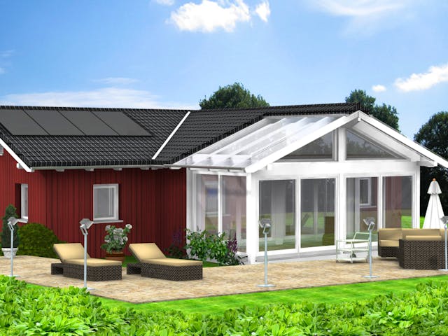 Fertighaus Planungsbeispiel 114H10 von Bio-Solar-Haus Schlüsselfertig ab 354660€, Bungalow Außenansicht 1