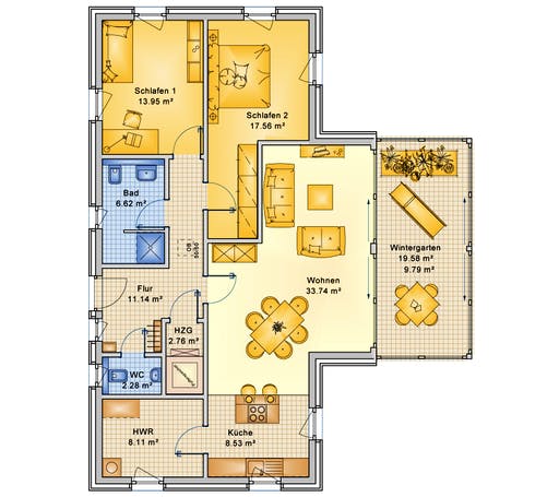 Fertighaus Planungsbeispiel 114H10 von Bio-Solar-Haus Schlüsselfertig ab 354660€, Bungalow Grundriss 1