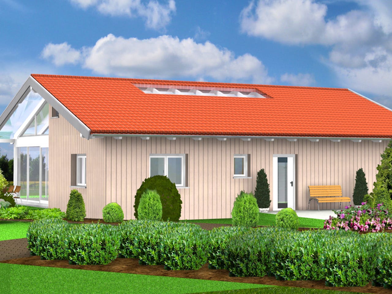Fertighaus Planungsbeispiel 119H10 von Bio-Solar-Haus Schlüsselfertig ab 345577€, Bungalow Außenansicht 1