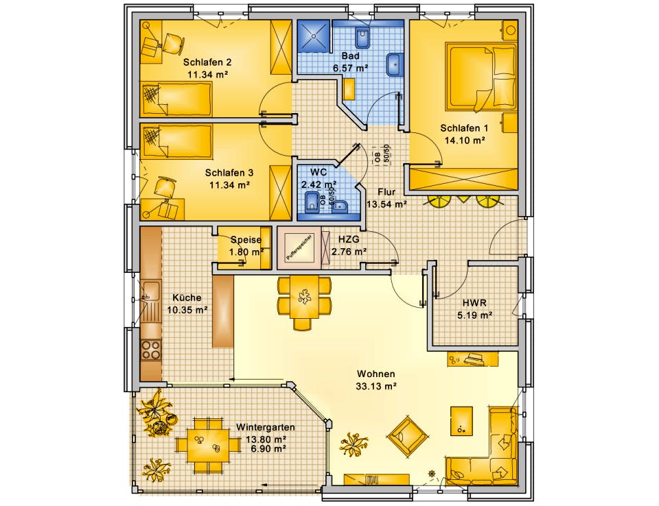Fertighaus Planungsbeispiel 119H10 von Bio-Solar-Haus Schlüsselfertig ab 345577€, Bungalow Grundriss 1