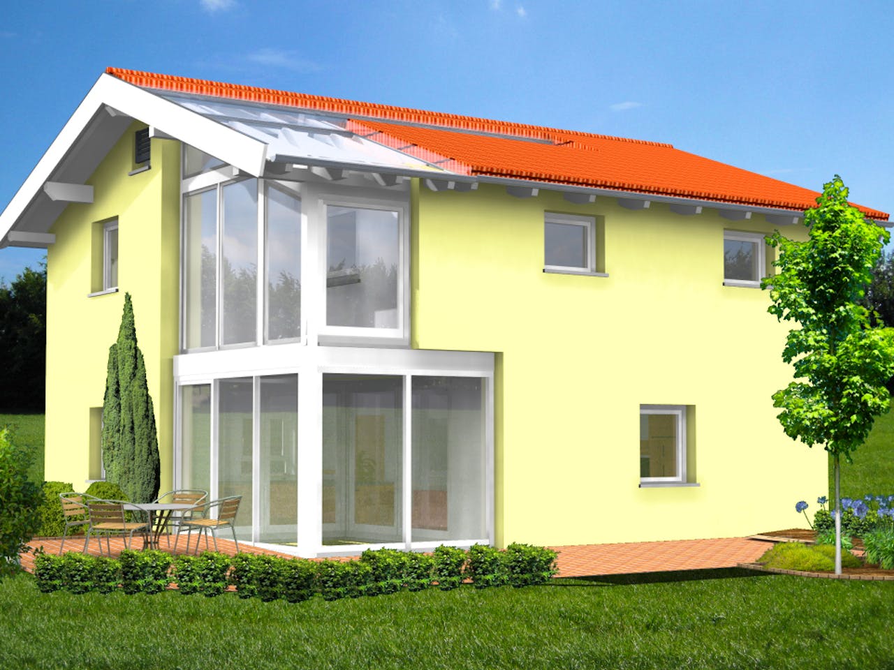 Fertighaus Planungsbeispiel 120H20 von Bio-Solar-Haus Schlüsselfertig ab 344388€, Satteldach-Klassiker Außenansicht 1