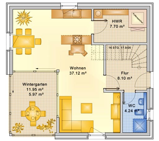Fertighaus Planungsbeispiel 120H20 von Bio-Solar-Haus Schlüsselfertig ab 344388€, Satteldach-Klassiker Grundriss 1