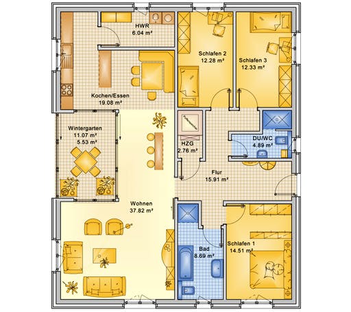 Fertighaus Planungsbeispiel 132H10 von Bio-Solar-Haus Schlüsselfertig ab 376735€, Bungalow Grundriss 1