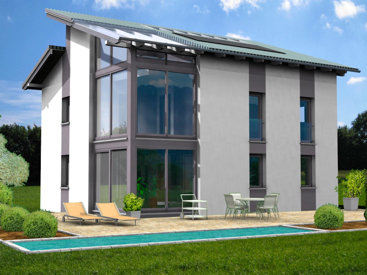 Fertighaus Planungsbeispiel 139H20 von Bio-Solar-Haus Schlüsselfertig ab 401226€, Pultdachhaus Außenansicht 1