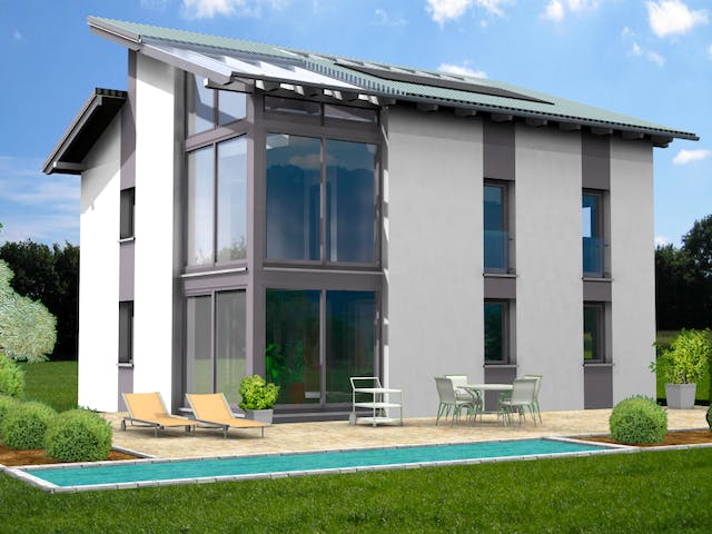 Fertighaus Planungsbeispiel 139H20 von Bio-Solar-Haus Schlüsselfertig ab 401226€, Pultdachhaus Außenansicht 1