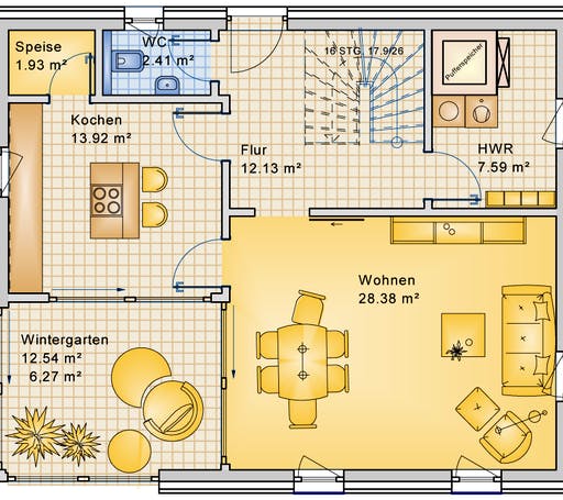 Fertighaus Planungsbeispiel 139H20 von Bio-Solar-Haus Schlüsselfertig ab 401226€, Pultdachhaus Grundriss 1