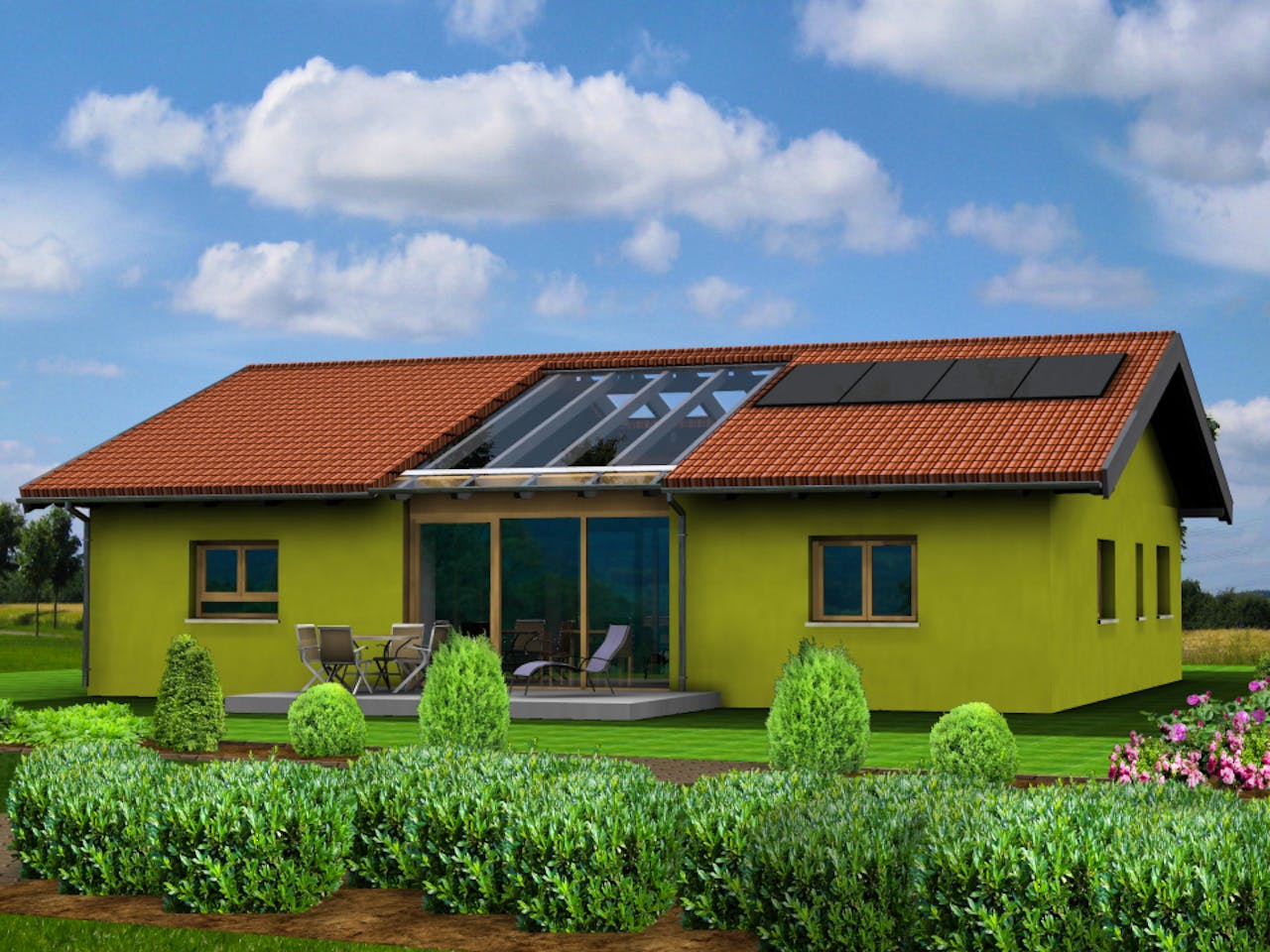 Fertighaus Planungsbeispiel 140H10 von Bio-Solar-Haus Schlüsselfertig ab 374849€, Bungalow Außenansicht 1
