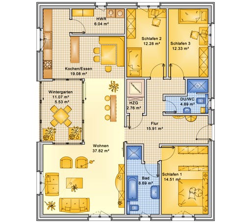 Fertighaus Planungsbeispiel 140H10 von Bio-Solar-Haus Schlüsselfertig ab 374849€, Bungalow Grundriss 1