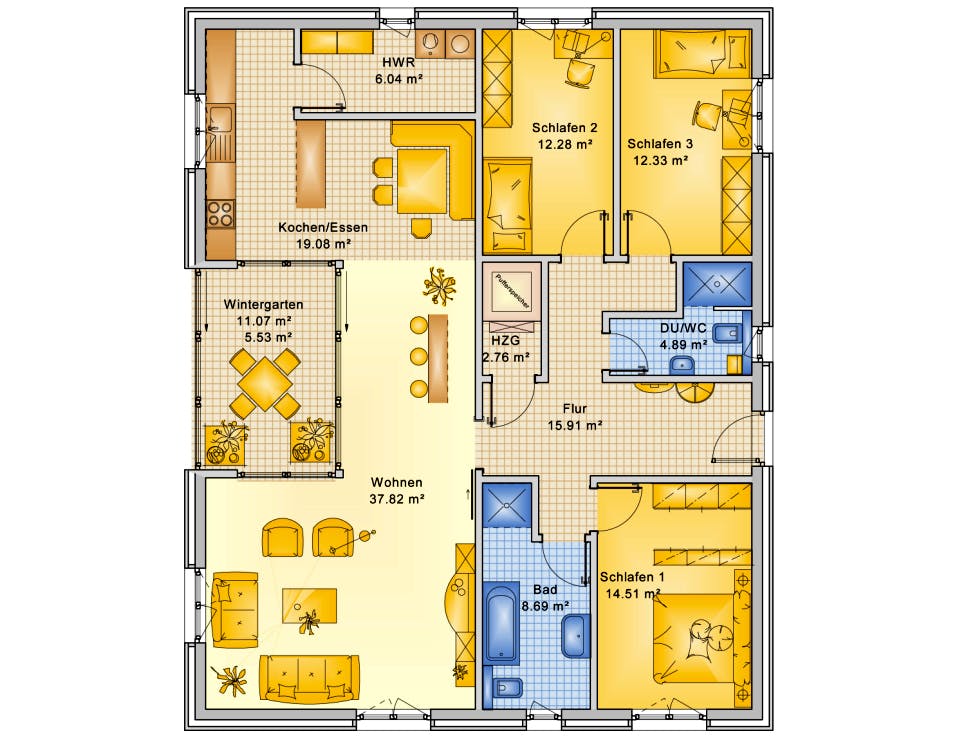 Fertighaus Planungsbeispiel 140H10 von Bio-Solar-Haus Schlüsselfertig ab 374849€, Bungalow Grundriss 1