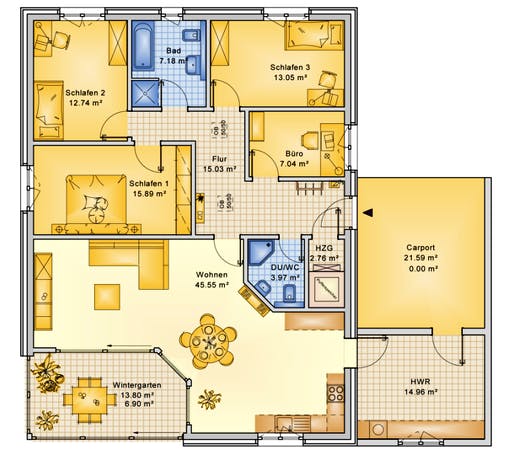 Fertighaus Planungsbeispiel 145H10 von Bio-Solar-Haus Schlüsselfertig ab 385978€, Bungalow Grundriss 1
