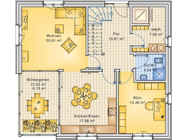 Fertighaus Planungsbeispiel 151H15 von Bio-Solar-Haus Schlüsselfertig ab 397320€, Satteldach-Klassiker Grundriss 1