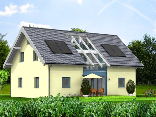 Fertighaus Planungsbeispiel 158H15 von Bio-Solar-Haus Schlüsselfertig ab 391699€, Satteldach-Klassiker Außenansicht 1