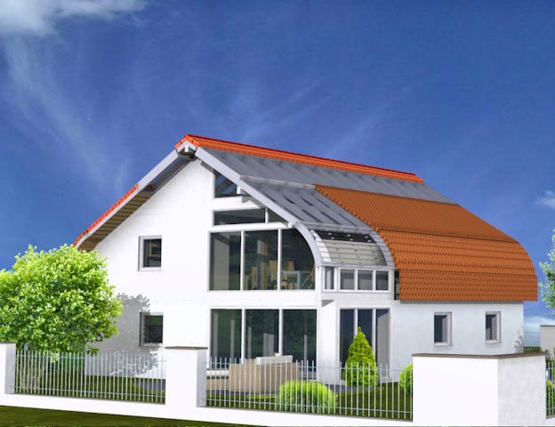 Zweistöckiges Selbstbauhaus mit Zwiebeldach, Wintergarten und ökologischen Baumaterialien: Planungsbeispiel 159SB20 von Bio-Solar-Haus