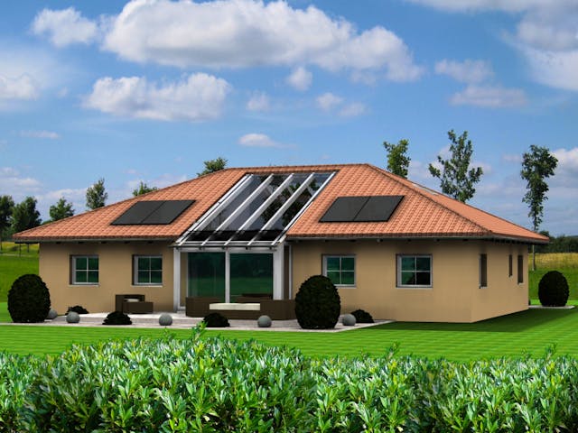 Fertighaus Planungsbeispiel 160H10 von Bio-Solar-Haus Schlüsselfertig ab 411471€, Bungalow Außenansicht 1 Fertighaus Planungsbeispiel 160H10 von Bio-Solar-Haus Schlüsselfertig ab 411471€, Bungalow Außenansicht 1