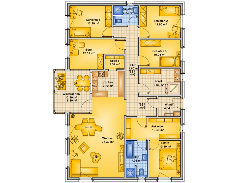 Fertighaus Planungsbeispiel 160H10 von Bio-Solar-Haus Schlüsselfertig ab 411471€, Bungalow Grundriss 1