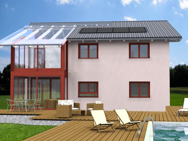 Fertighaus Planungsbeispiel 165H20 von Bio-Solar-Haus Schlüsselfertig ab 405086€, Satteldach-Klassiker Außenansicht 1