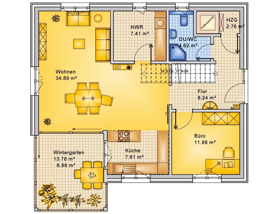 Fertighaus Planungsbeispiel 165H20 von Bio-Solar-Haus Schlüsselfertig ab 405086€, Satteldach-Klassiker Grundriss 1