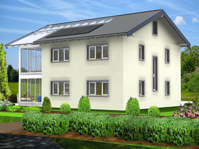 Fertighaus Planungsbeispiel 183H20 von Bio-Solar-Haus Schlüsselfertig ab 442075€, Satteldach-Klassiker Außenansicht 1