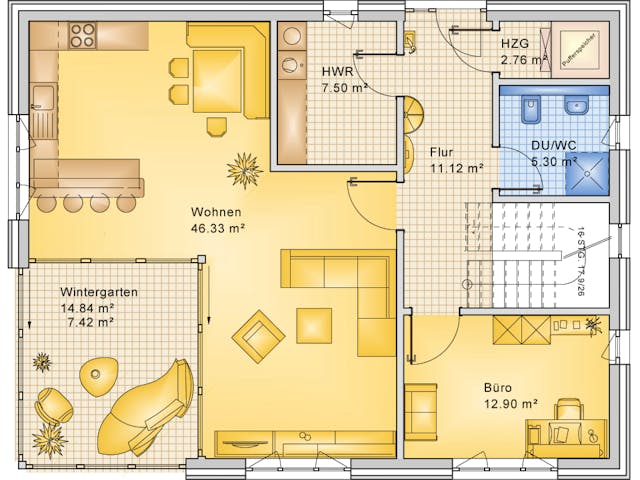 Fertighaus Planungsbeispiel 183H20 von Bio-Solar-Haus Schlüsselfertig ab 442075€, Satteldach-Klassiker Grundriss 1