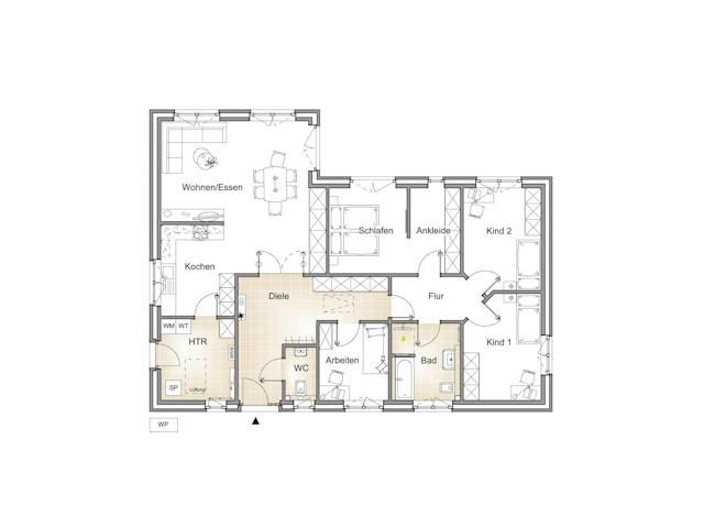 Massivhaus WINKELBUNGALOW 135 von Kähler Massivhaus Schlüsselfertig ab 367920€, Bungalow Grundriss 1