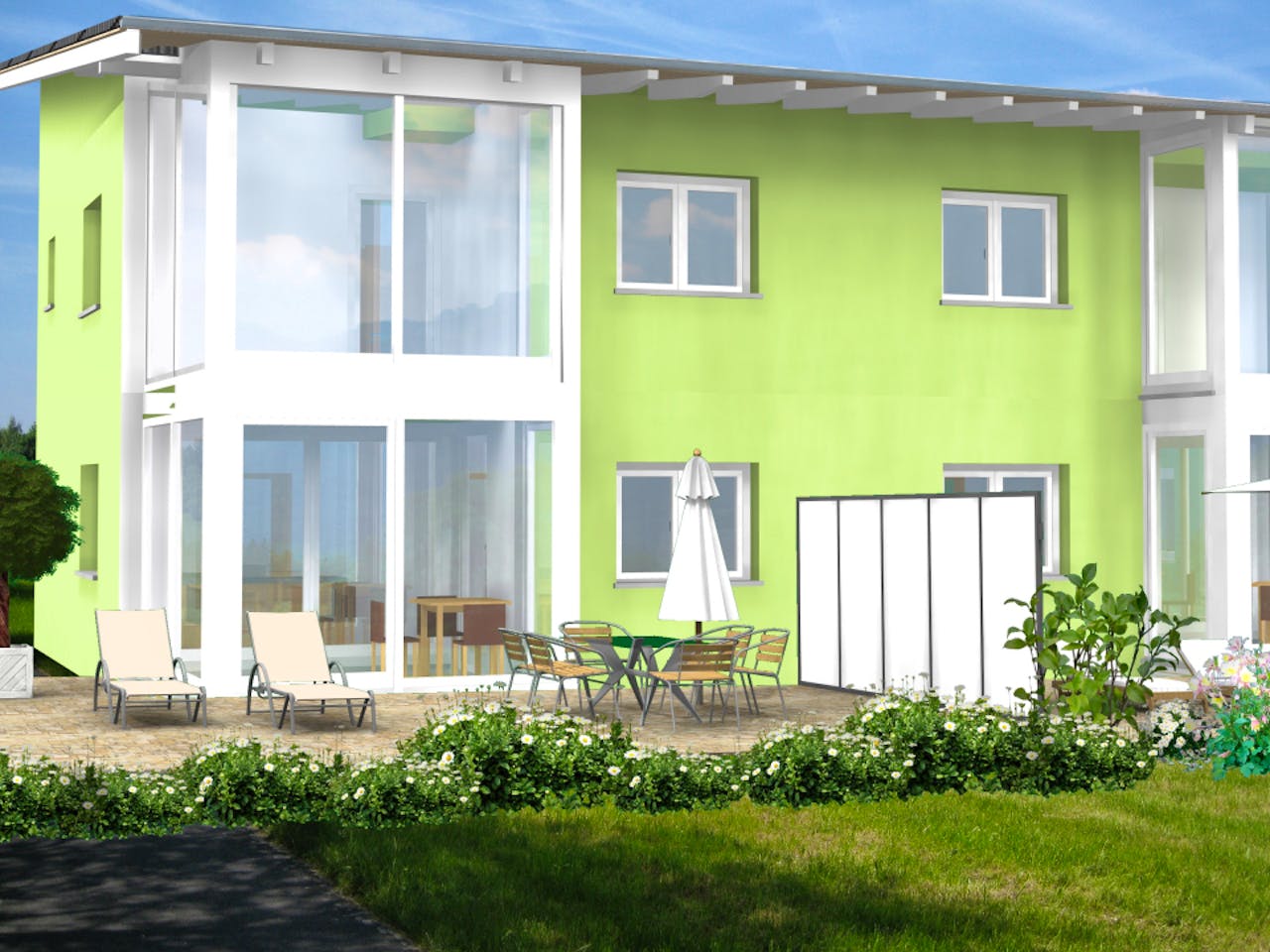 Fertighaus Planungsbeispiel 223DH20 von Bio-Solar-Haus Schlüsselfertig ab 593040€, Pultdachhaus Außenansicht 1