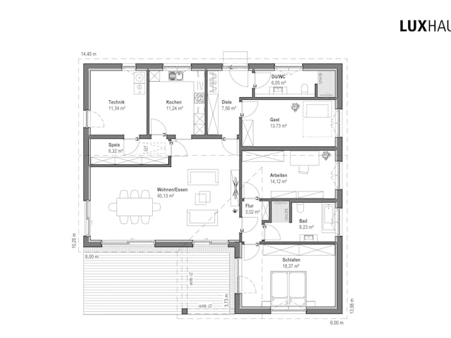 Fertighaus Bungalow Satteldach 130 von LUXHAUS, Bungalow Grundriss 1