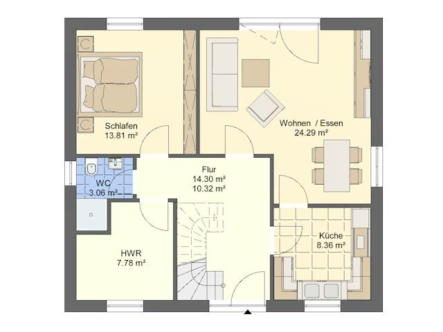 Massivhaus Einfamilienhaus K_118 von VARIODOMO Bausysteme Schlüsselfertig ab 298970€, Satteldach-Klassiker Grundriss 1