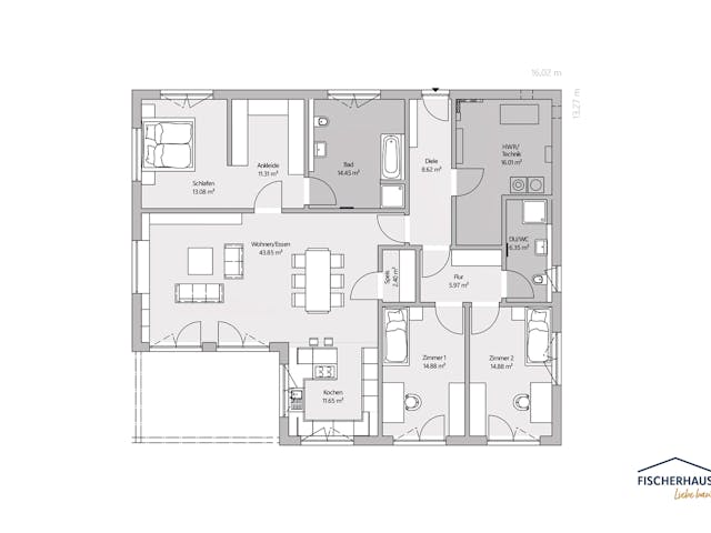 Fertighaus Bungalow S 163 von FischerHaus, Bungalow Grundriss 1