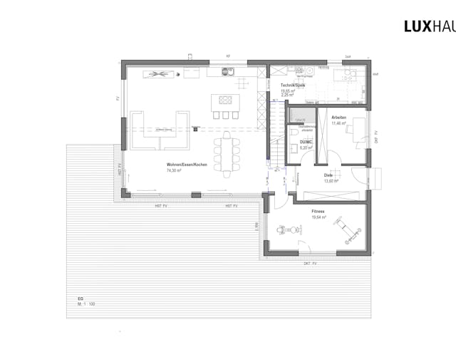 Fertighaus Walmdach 266 von LUXHAUS, Stadtvilla Grundriss 1