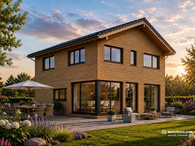 Fertighaus Einfamilienhaus Premium 136 von Naturholzhaus Bayern, Satteldach-Klassiker Außenansicht 1