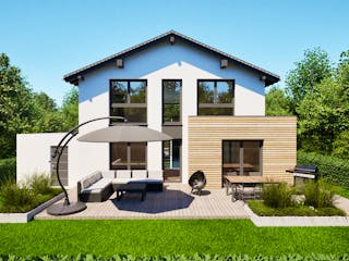 Massivhaus Entwurf SL157 von FAVORIT Massivhaus Schlüsselfertig ab 384834€, Satteldach-Klassiker Außenansicht 5