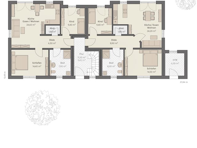 Massivhaus Haus Schöneiche (4 WE) von ROTH MASSIVHAUS Schlüsselfertig ab 1067000€, Satteldach-Klassiker Grundriss 1