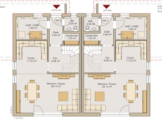 Fertighaus Doppelhaushälfte 238-238-125 von BoHolz Haus, Satteldach-Klassiker Grundriss 1