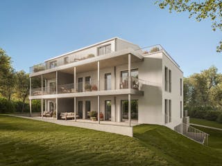 Fertighaus Moderne Wohnanlage mit 12 Wohnungen und einer Tiefgarage. von DFH Wohnungsbau, Blockhaus Außenansicht 2