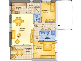 Fertighaus Planungsbeispiel 95H10 von Bio-Solar-Haus Schlüsselfertig ab 314883€, Bungalow Grundriss 1