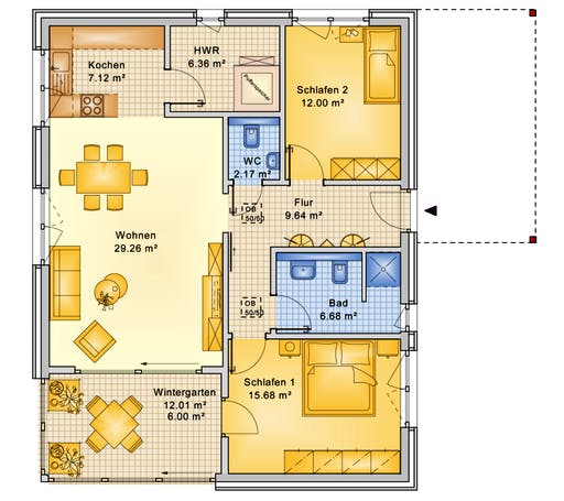 Fertighaus Planungsbeispiel 95H10 von Bio-Solar-Haus Schlüsselfertig ab 314883€, Bungalow Grundriss 1