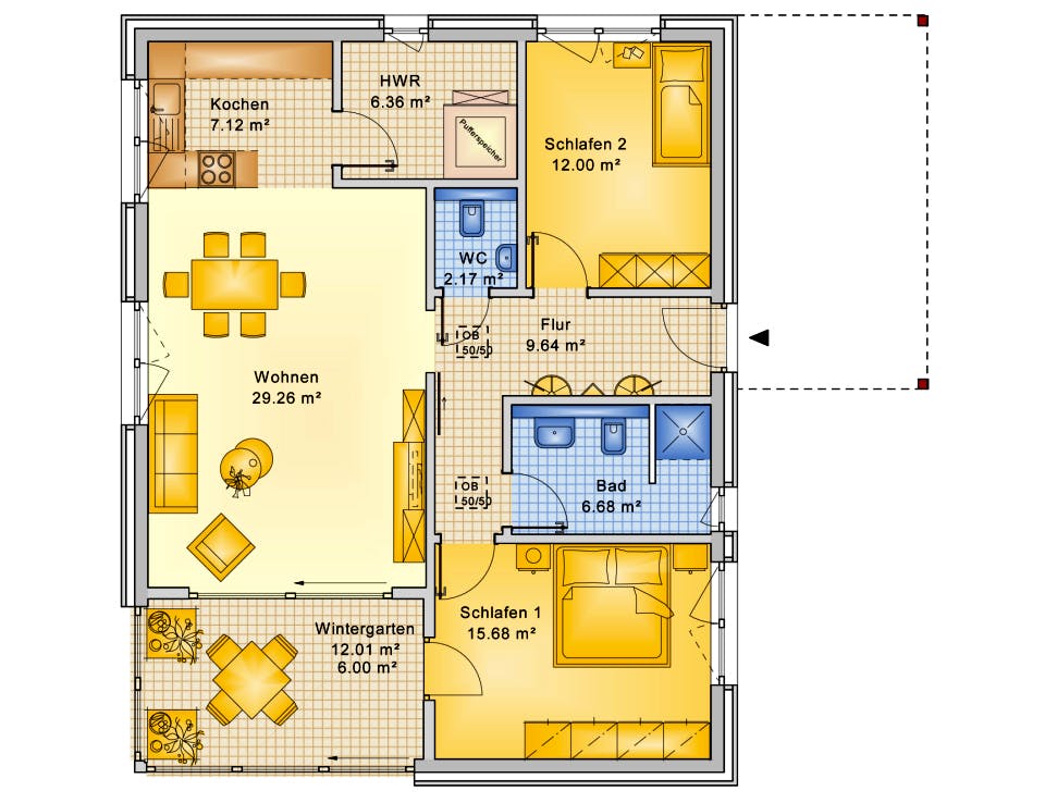 Fertighaus Planungsbeispiel 95H10 von Bio-Solar-Haus Schlüsselfertig ab 314883€, Bungalow Grundriss 1