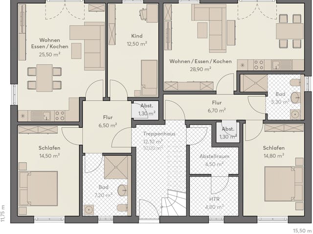 Massivhaus Haus Rahnsdorf (4 WE) von ROTH MASSIVHAUS Schlüsselfertig ab 1055700€, Satteldach-Klassiker Grundriss 1