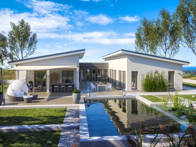 Eingeschossige Fertighaus-Villa mit Pool & bodentiefen Verglasungen von Bien-Zenker