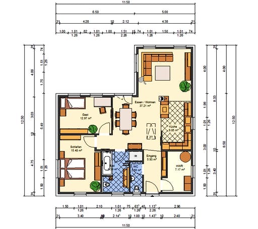 Massivhaus Eisblume von AVOS Hausbau Schlüsselfertig ab 245444€, Bungalow Grundriss 1
