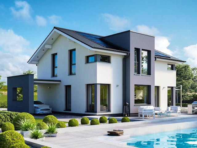 KfW-Effizienzhaus 40 Plus als großzügiges Fertighaus mit Flachdach-Standerker von Bien-Zenker