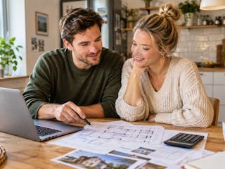 Junges Paar Anfang 30, das an einem Küchentisch mit einem Laptop, ausgedruckten Grundrissen und einem Taschenrechner sitzt. Beide wirken aufmerksam und optimistisch und besprechen gemeinsam die Unterlagen.