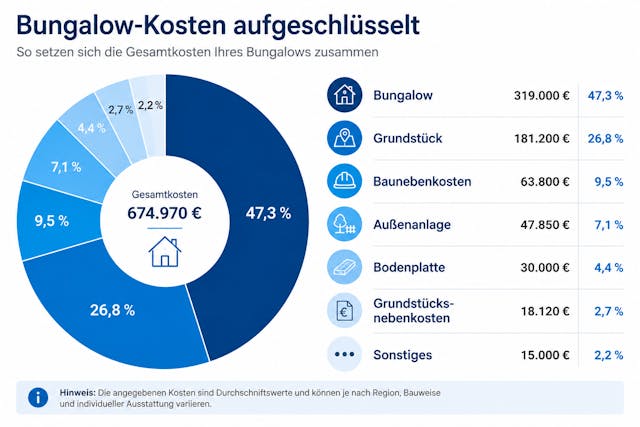 Bungalow-Kosten im Überblick: Aufteilung der Gesamtkosten von Haus, Grundstück und Baunebenkosten