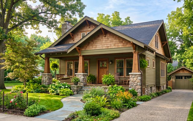 Amerikanisches Haus im Craftsman-Stil mit Säulenveranda und Fassade aus Holz und Naturstein, Außenansicht